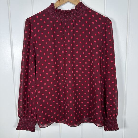 J. Crew Top Medium Red Pink Smocked Dot Crinkle Chiffon Top Holidays AC669 - Picture 1 of 6
